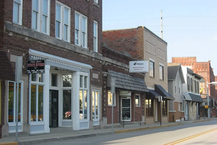 Historic brick storefronts on Main Street in Greenwood, Indiana